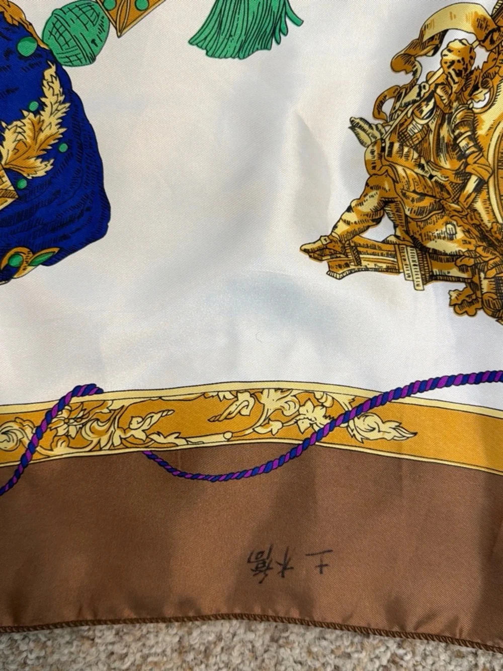 Ornate Crown-Print Silk-Feel Scarf in Brown, Green & Purple